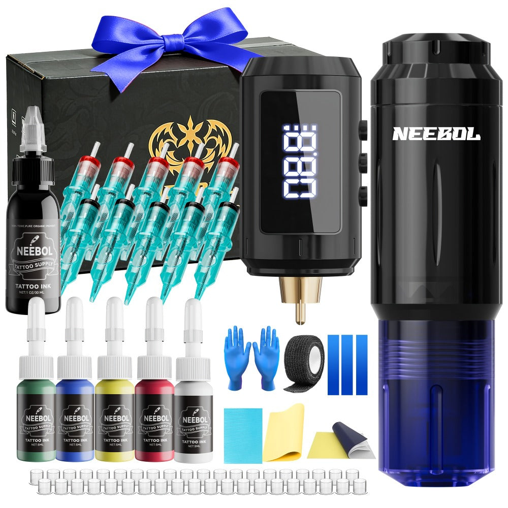 Neebol Tattoo Gun Kit Complete Set, Portable Design, Cordless Tattoo Pen, 1600mAH Battery, Wireless Machine, 20 Red Cartridge Needles, 8 Inks, Extra White Soap, Tattoo Supplies For Beginners & Artists, Body Art Makeup, Easter Gift