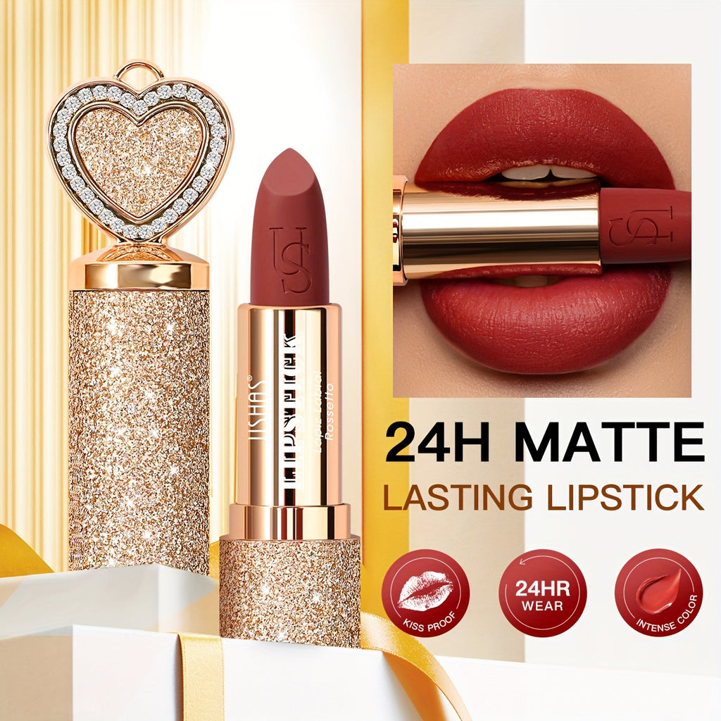 USHAS 24H Matte Lasting Lipstick - Layerable Coverage, Transfer-Resistant, Vibrant Color, Velvet Matte End with Heart-Shaped Design, Richly Pigmented, Easy Application, Durable Wear, Ideal for All-Day Comfort And Effortlessly Chic Lip Makeup