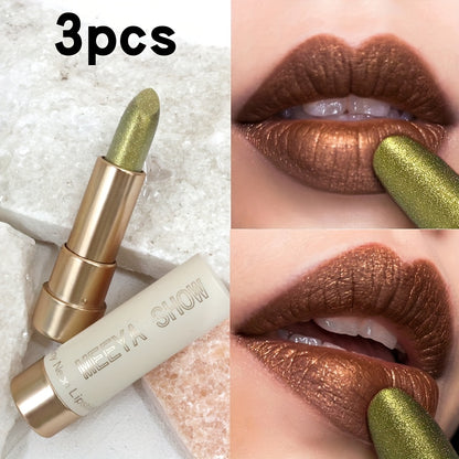 Glitter Metallic Lip Color Set 3pcs - Shimmering Golden Brown with Sparkling Glitter Finish | Metallic Lipstick for Party, Cosplay & Festival Makeup | Bold Statement Lip Look