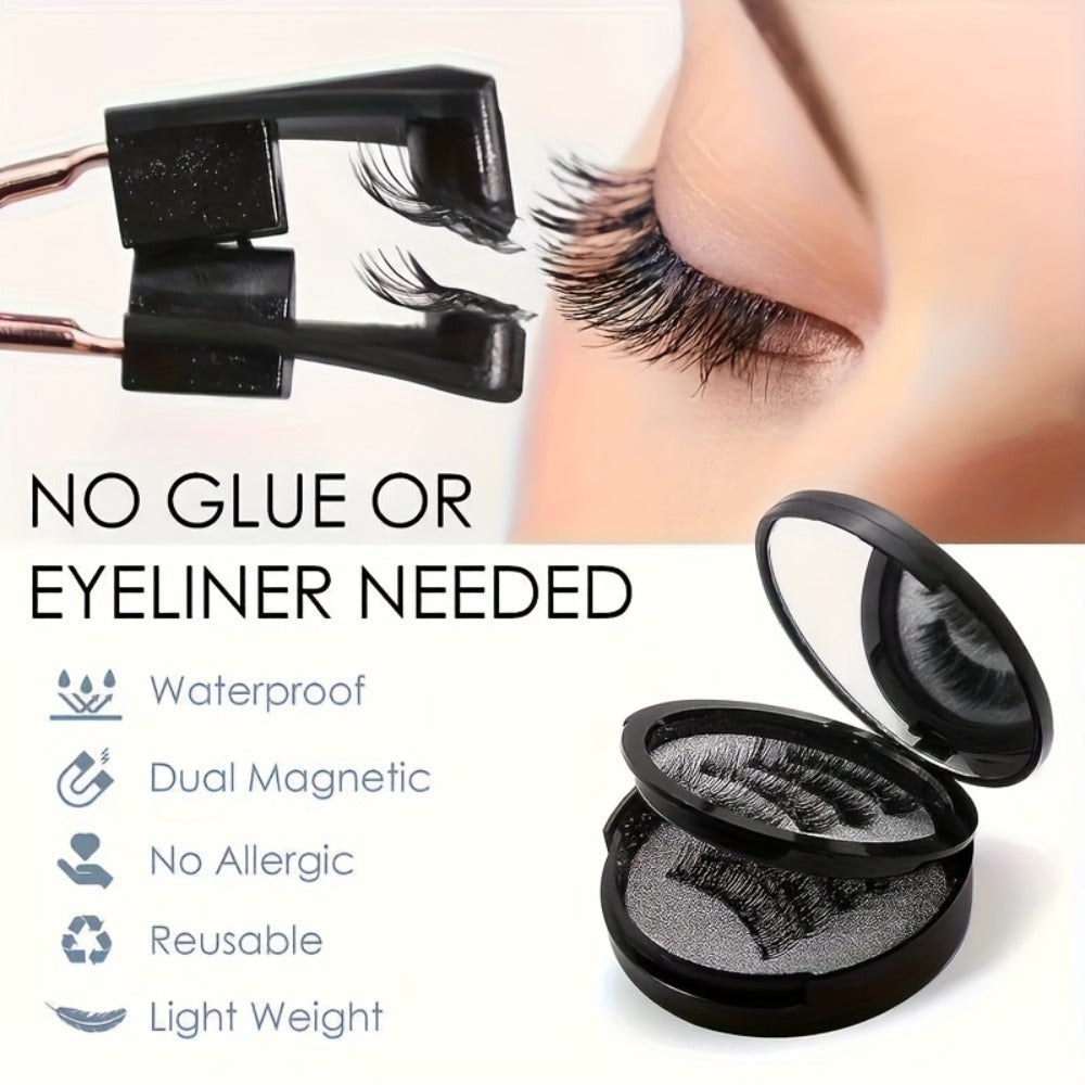 8 Pairs of Natural Glue Free 3D False Eyelashes, No Eyeliner, Reusable Dual Magnetic False Eyelashes Set, with Clip, Reusable, Waterproof, Glue Free, Easy to Wear At Christmas, Ladies Gift