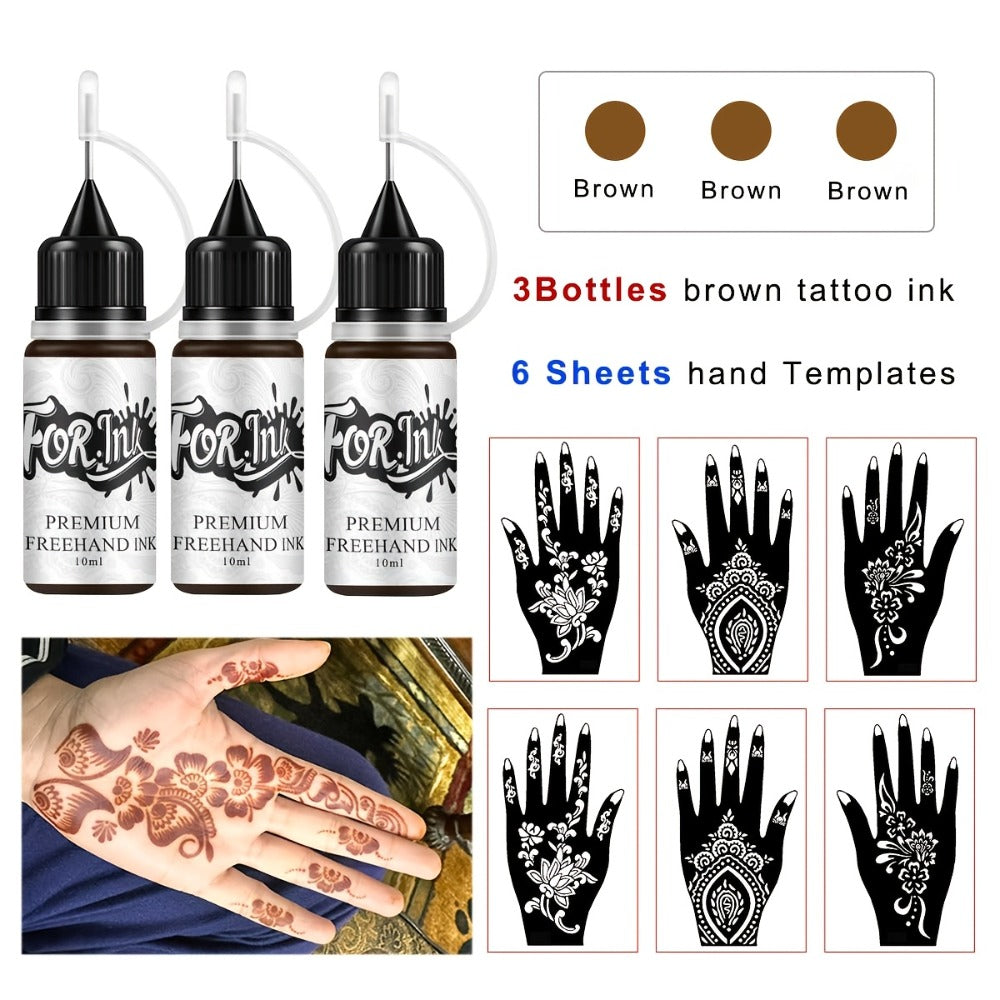 Temporary Tattoo Kit Freehand Ink Semi Permanent Tattoo Jagua Gel Free Stencils Fake Freckles Temp Tattoos for Women Men - Full Kit 3 Bottles (2 Bottles Brown, 1 Bottle Red Color ) for Weddings, Valentine'S Day