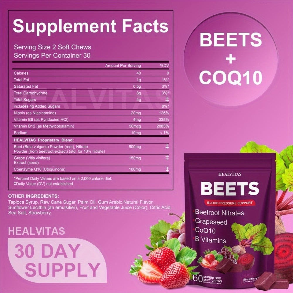 Super Beets All-in-One Beet Root Gummies & Chews - Beet Powder with Vitamins B12/B6, CoQ10 & Grapeseed - Heart Health Support, Blood Pressure Health Supplement, Blood Flow Booster - Chewable Vitamins for Blood Pressure Support 1pc/2pcs/3pcs