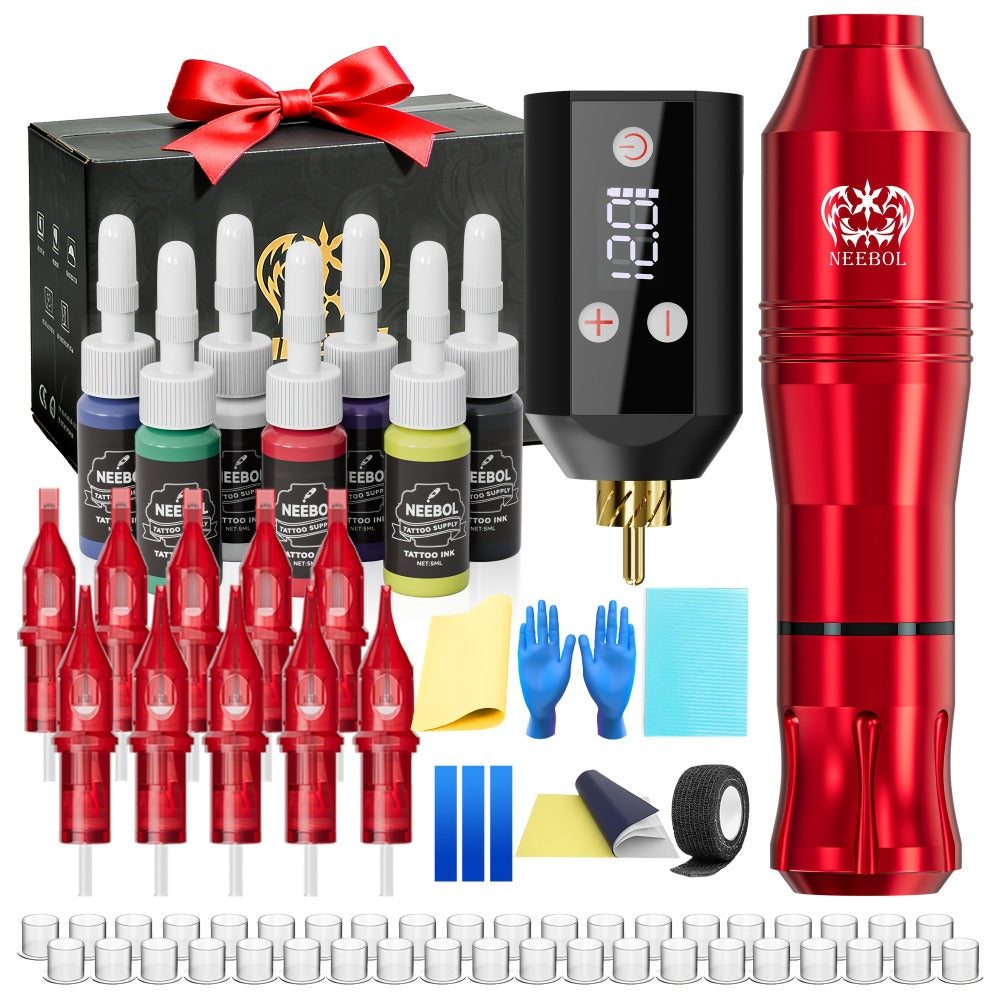 Wireless Tattoo Machine Kit Neebol with Screen Display 6-Hour Battery 10 Red Cartridge Needles 7 Inks Practice Skin Complete Tattoo Pen Gun Set for Beginners Artists Body Art