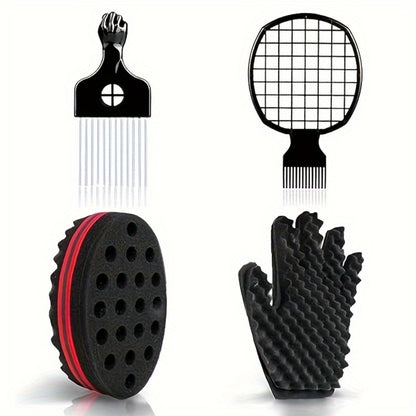Curl Sponge Set 4-Piece for Curly Hair — Includes Curling Sponge, Gloves, Metal Brush Pick & Twist Comb, Rubber Bristles, Suitable for Men & Women