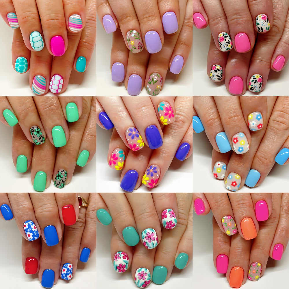 Set of 216 Press-On Fake Nail Stickers, Featuring Short Floral Designs Perfect for Spring And Summer. This Easy And Stylish Pack Includes a Variety of Plant And Flower Combinations, Comes in a Removable Box