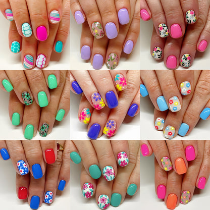 Press On Nails 216 Pieces 9 Packs - Short Floral Fake Nails Spring Summer | Plant Flower Designs Glossy Full Cover False Nail Stickers, Easy Removable Manicure Set for Women Girls