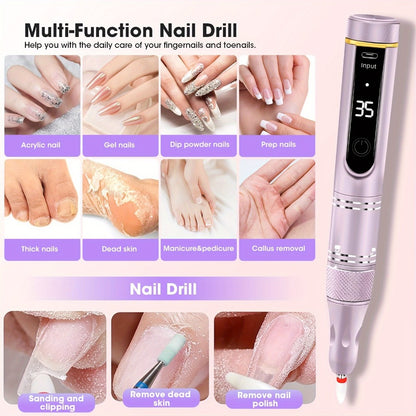 Nail Drill Machine 35000RPM Cordless Rechargeable — Professional Wireless Electric E-File Kit for Acrylic Gel Natural Nails, USB Nail File Drill Set for Salon & Home Manicure, 108 Bits Included