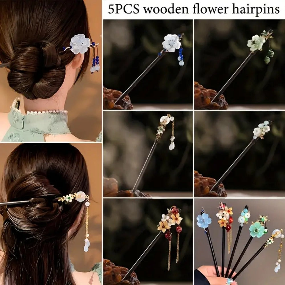 5pcs Flower Wooden Hairpins, New Style Retro Minimalist Hair Accessories, Back of Updo Hair Ornaments, Gifting