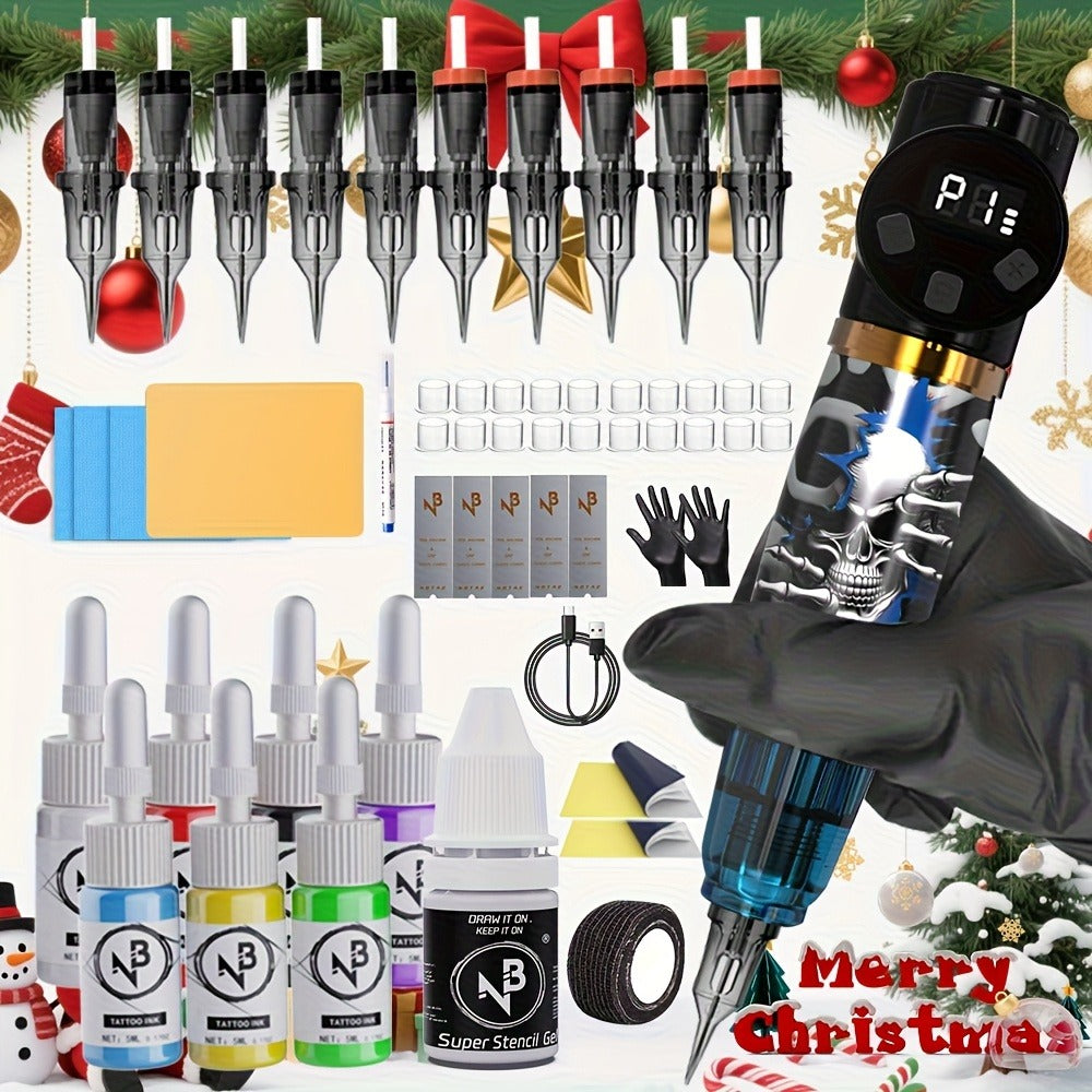 GOLDPLUME Tattoo Kit, Tattoo Gun Kit Complete Set, Cordless Tattoo Gun with 1100mAh Power Supply, 10 Tattoo Needles, 7 Bottles Of Tattoo Ink And Other Tattooo Supplies, Christmas Gift for Beginners And Masters