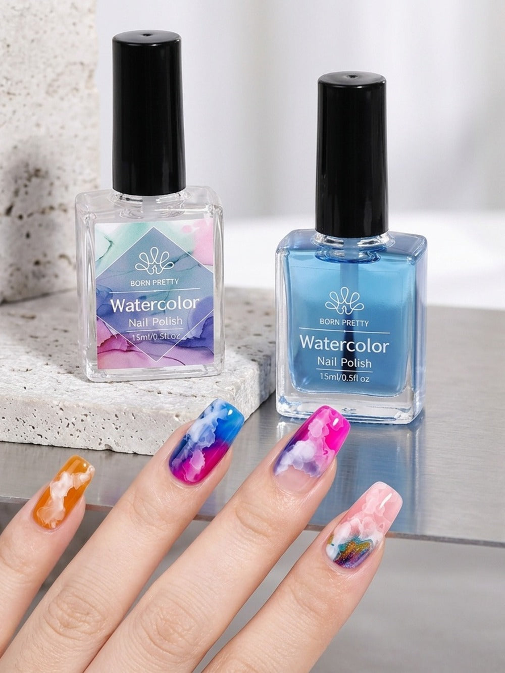 BORN PRETTY 0.51oz Watercolor Nail Polish White Gradient Flower Effect Semi Permanent Soak Off LED Nail Polish