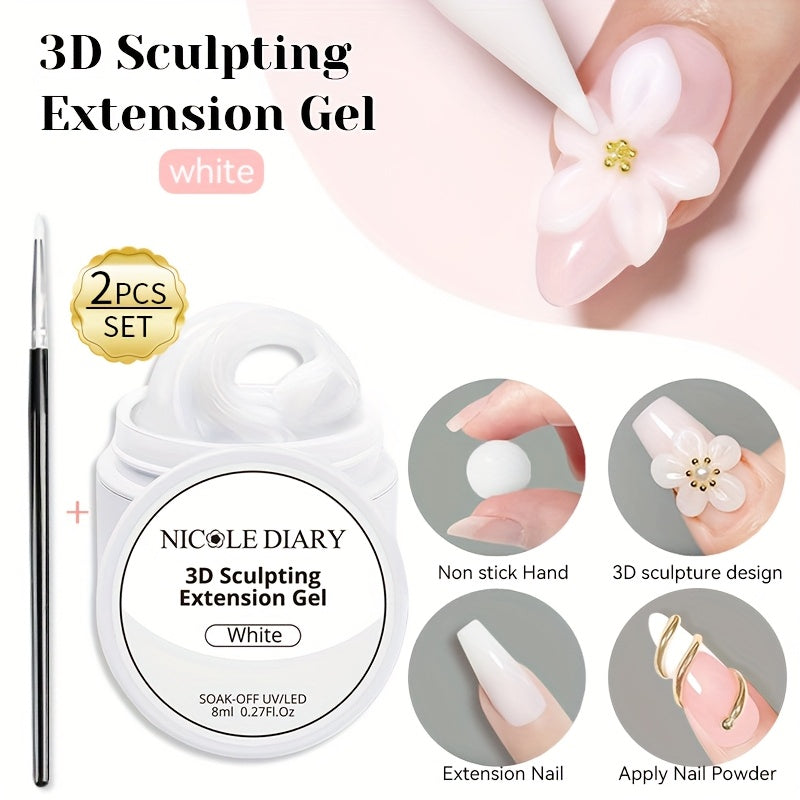 3D Sculpting Nail Gel with Carving Pen — Clear White Extension Builder Gel for 3D Floral Nail Art, DIY Acrylic Nail Extensions, Salon & Home Manicure (2pcs/3pcs Set)