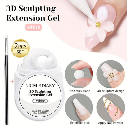 3D Sculpting Builder Gel Kit with Carving Pen — Clear & White Nail Extension Gel for Floral Nail Art, Acrylic Extensions & DIY Salon Manicure, Professional Nail Modeling Gel Set 2pcs or 3pcs for Women