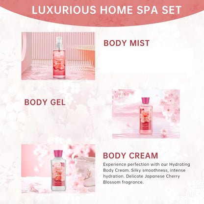 Bath & Body Care Gift Set Shower Gel Body Lotion Body Mist with Aloe Vera Vitamin E Glycerin Moisturizing Fragrance Set for Women Japanese Cherry Blossom Lavender Vanilla Coconut
