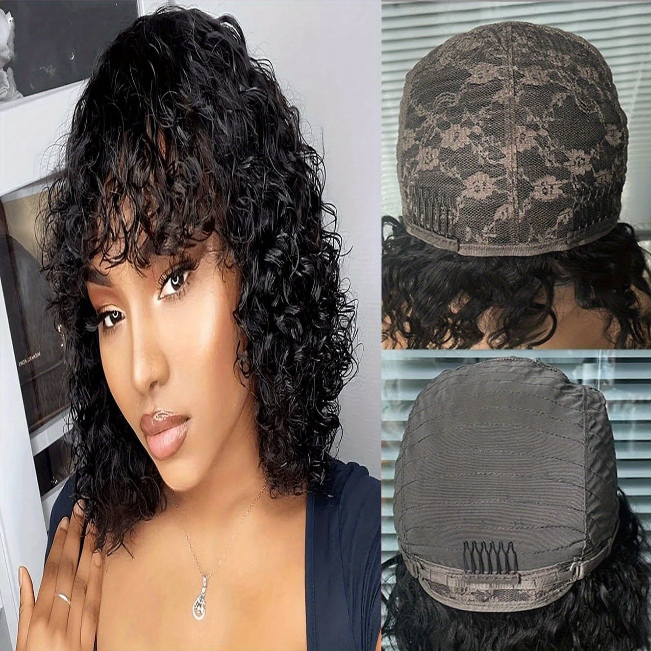 TIMOPOL Brazilian Human Hair Short Wavy Elf Wig - 10-inch Lace-Free Fully Machine-Made Rose Mesh Cap, 150% Density Unisex Wig, Suitable for All Ethnicities, Short Hair Wig
