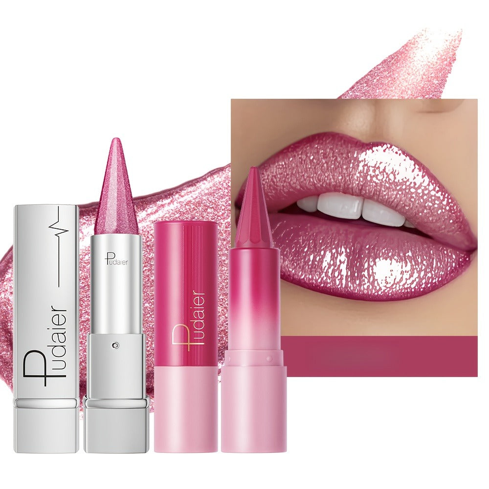 Metallic & Matte Lipstick Set 2pcs — Highly Pigmented Waterproof Pointed-Tip & Shimmer Lip Color Combo, Long-Lasting Beauty Gift for Women
