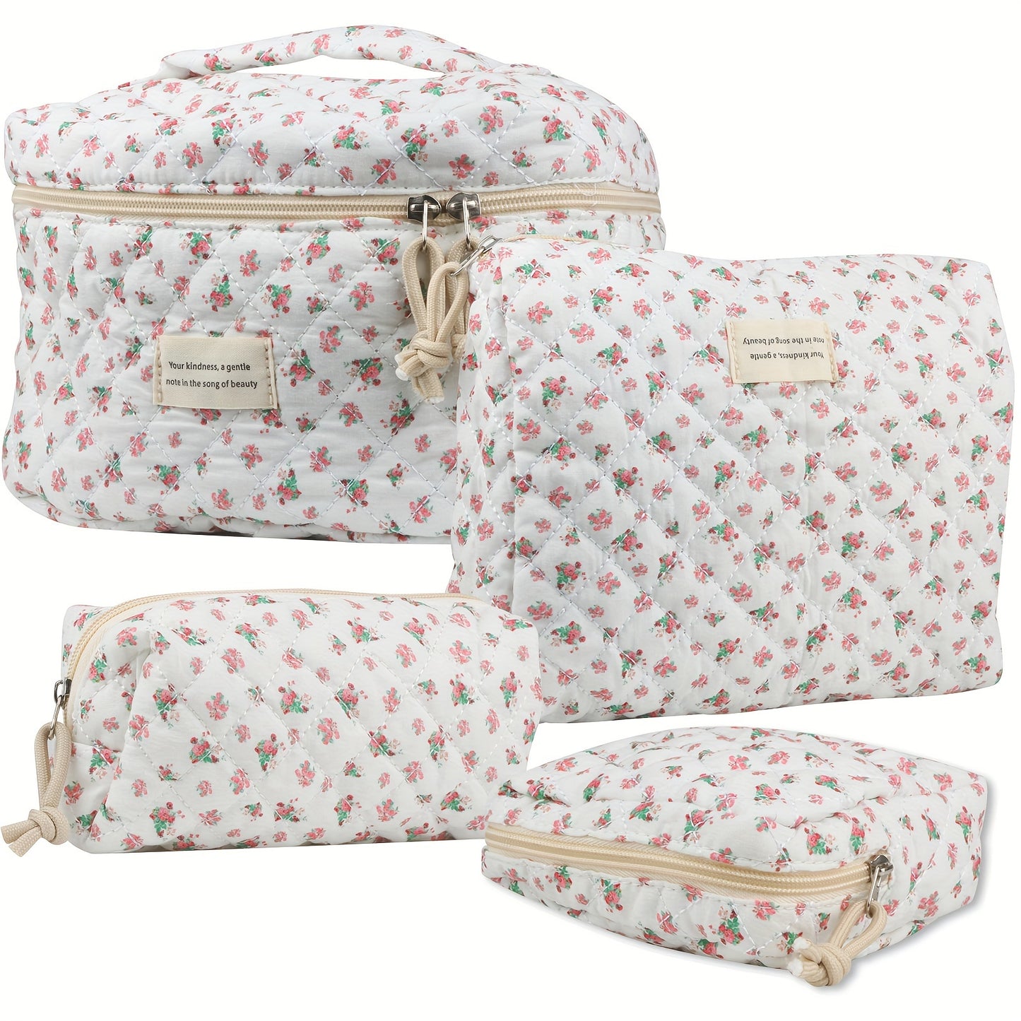 Makeup Bag Set 4-Piece Quilted Floral Rose Design Cosmetic Organizer Bag Coquette Aesthetic Cotton Travel Toiletry Pouch for Women Girls Vanity Bathroom