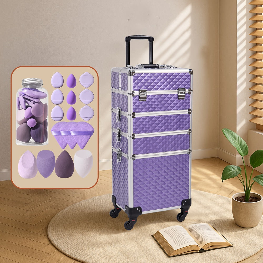 All-In-One Makeup Kit : 4-In-1 Rolling Makeup Train Case with Beauty Sponge, Large Portable Cosmetic Trolley with 360° Wheels, Professional Salon & Travel Storage Organizer