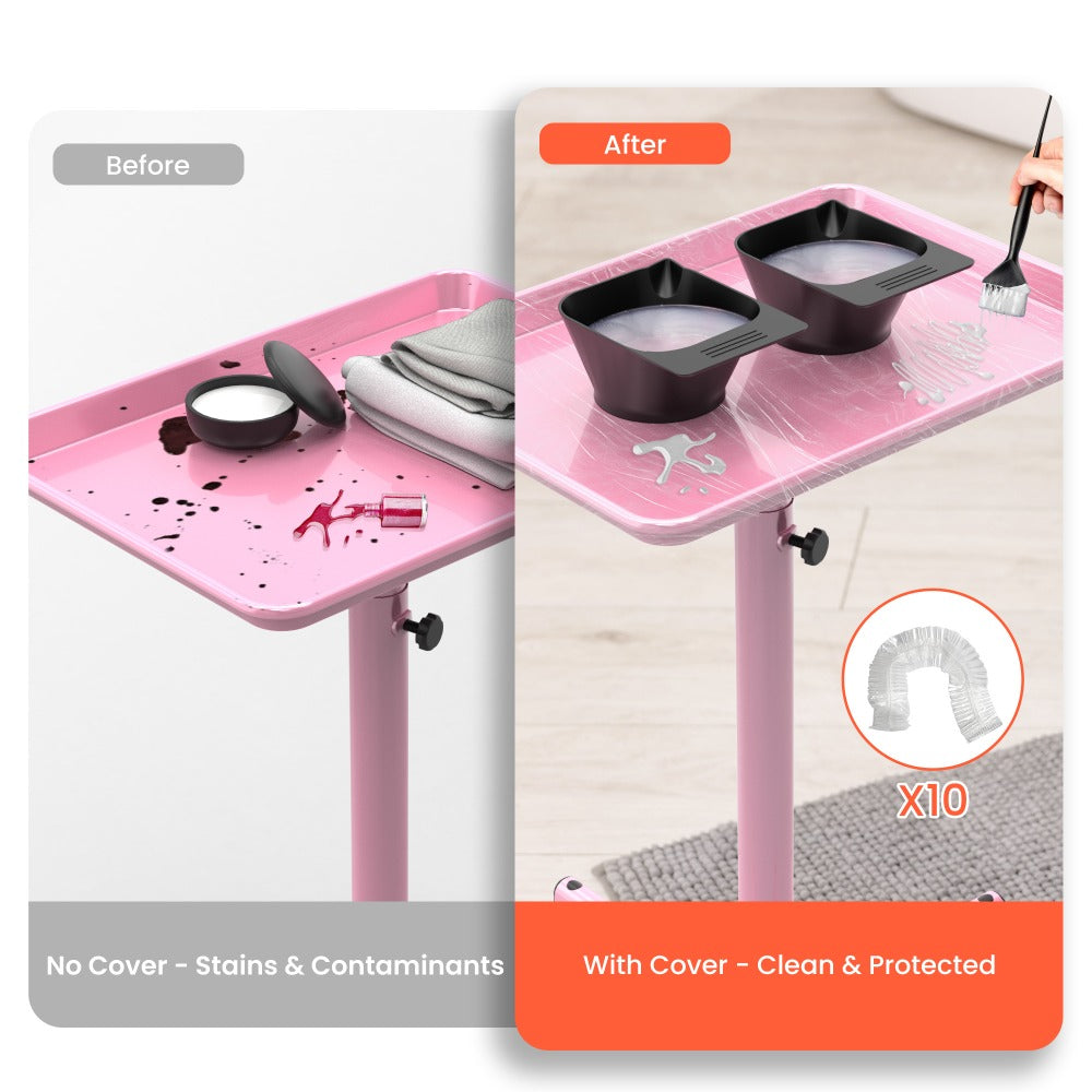 Premium Salon Tray Cart - Tattoo Tray in Gold & Pink, Adjustable Height Rolling Trolley for Spa, Salon & Hairstylist – Mobile Utility Tray with 10 Disposable Salon Tray Covers (Fits Trays ≤ 27.5in) for Storage & Organization