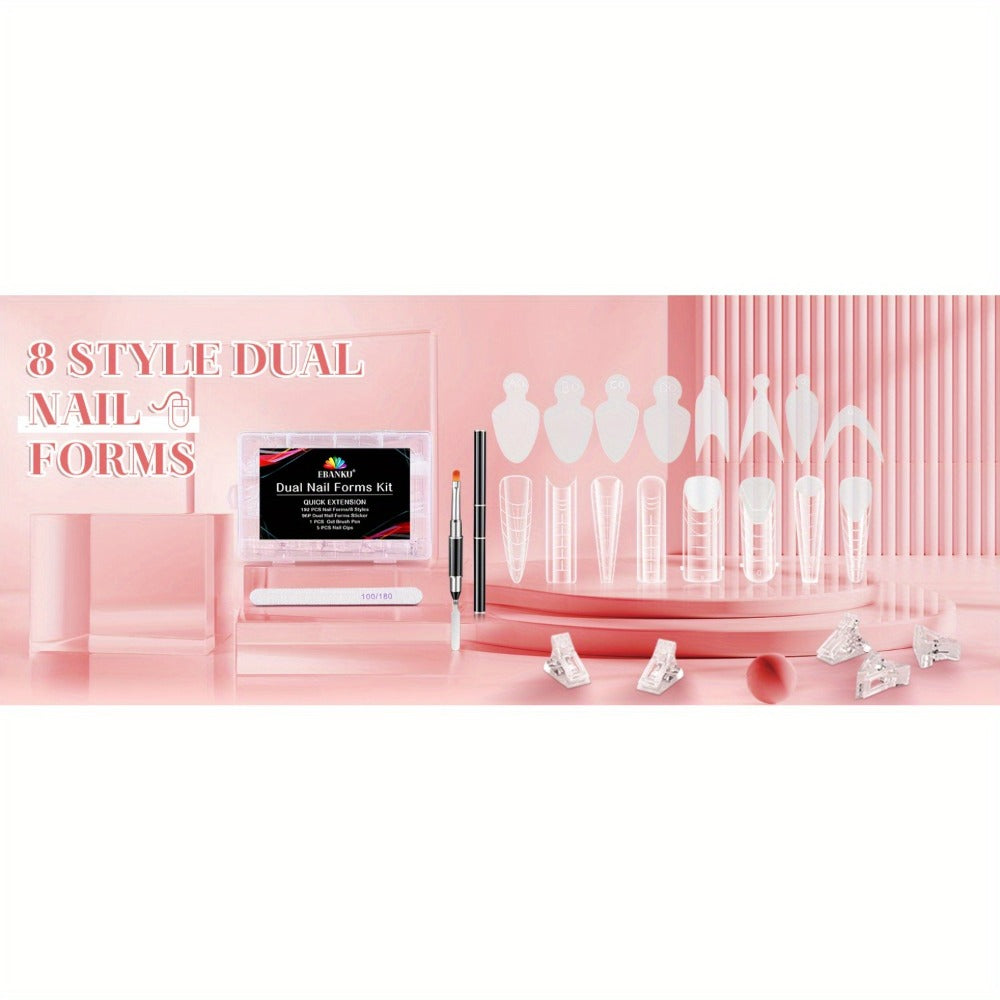 EBANKU Dual Form Kit, 192pcs Poly Gel Forms For French Nails, 96pcs Reusable Pads, 5pcs Clips, Brush Pen, Files Buffer, Extension Kit For Beginner