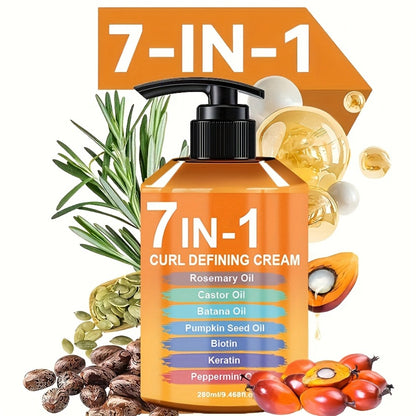Curl Cream for Wavy & Curly Hair 7-in-1 Formula - Argan Oil, Rosemary Oil & 5 Nourishing Ingredients, Frizz Control, Long-Lasting Definition, 280ml