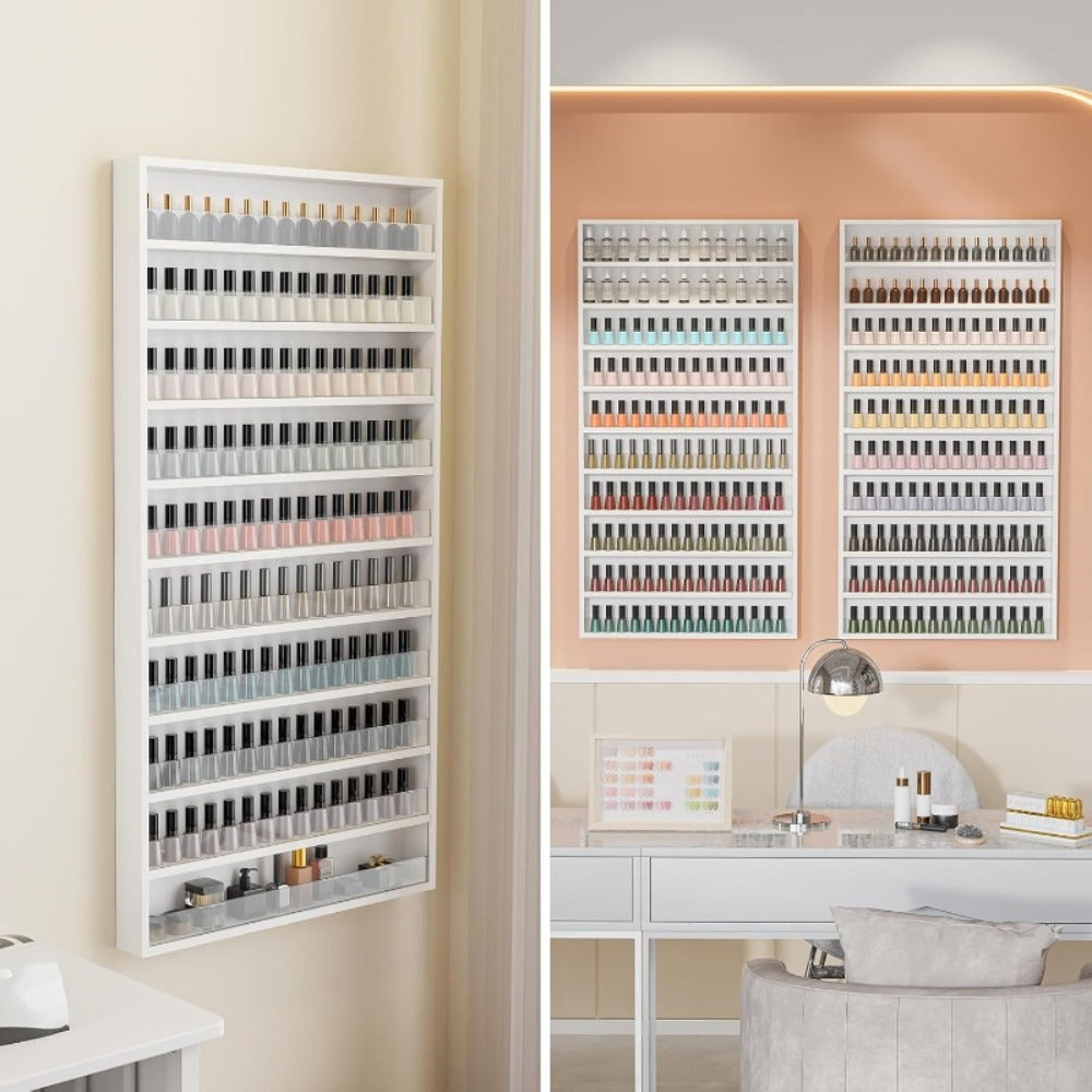 6 Layers/ 10 Layers Nail Polish Rack, Wall Mount Nail Polish Organizer W/ Acrylic Baffle, Salon Display Rack for Home Spa And Nail Studio, Pink/ White/ Black
