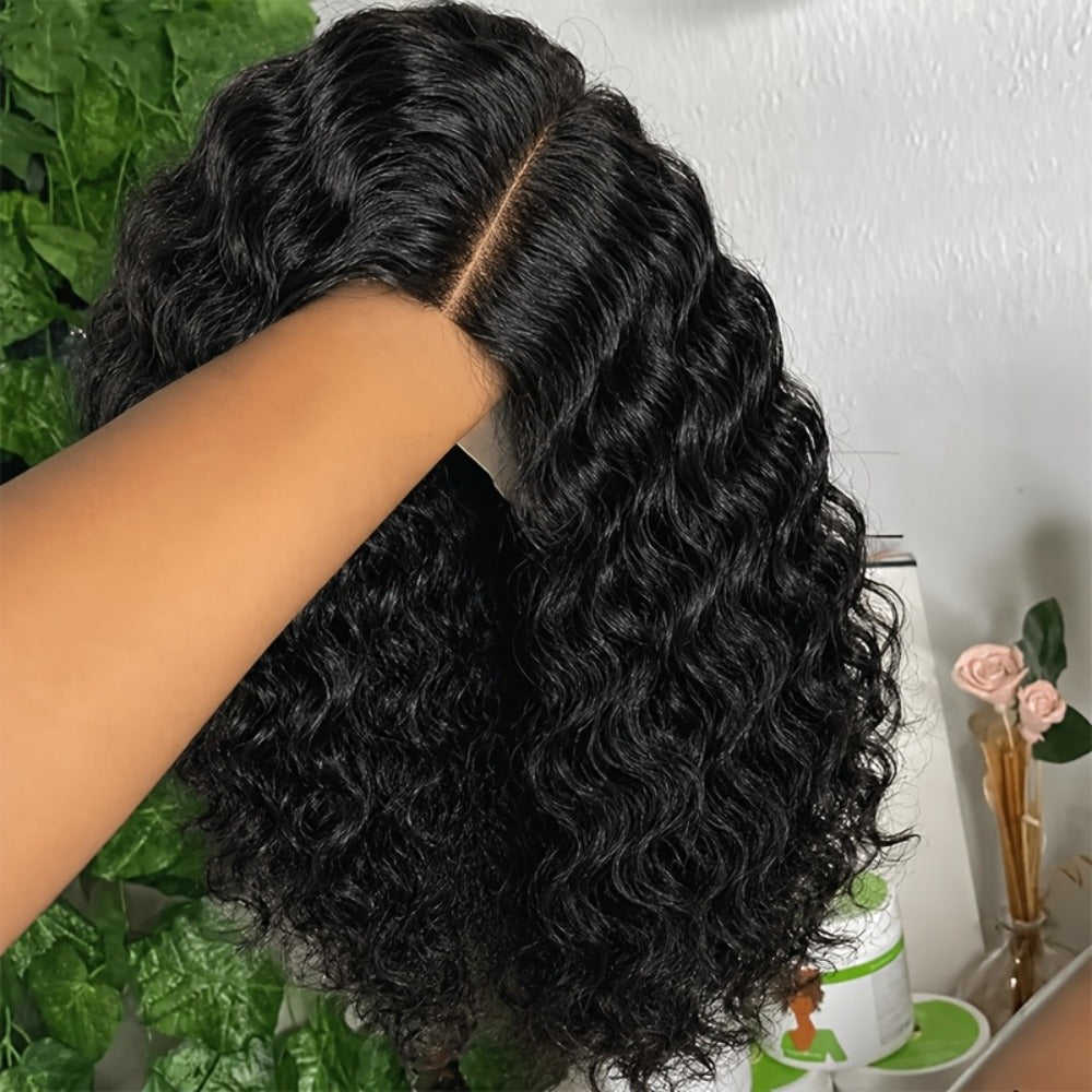 4x4 Lace Front Wig Short Curly Bob Human Hair Brazilian Deep Wave Glueless Pre-Plucked Pre-Cut Bouncy Curls Natural Hairline Beginner Friendly 12 Inch
