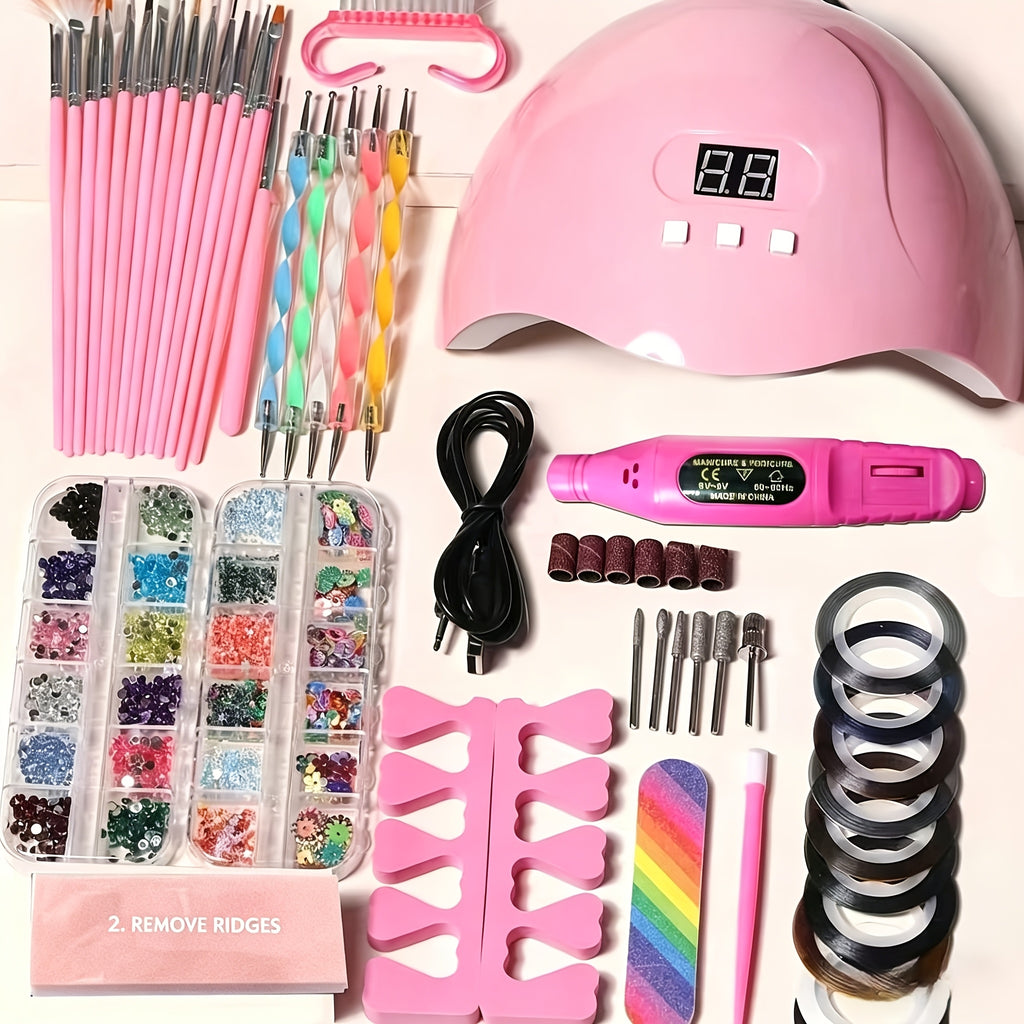 72-in-1 Stainless Steel Nail Art Tool Set with LED Nail Lamp, Glue Drying Machine, Nail Polisher, Nail Polish Brush, Nail Art Drill Pen, Finger Divider, Gel Nail Polish Kit, Nail Art Accessories, Manicure Kit, Makeup Tools, Holiday Gifts