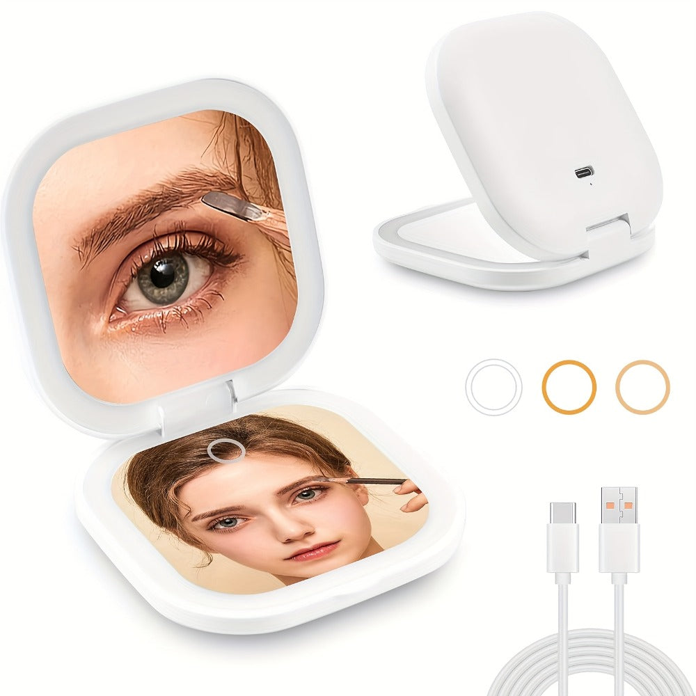 Two-Sided Magnifying Mirror with LED Lights, Featuring Three Brightness Levels, USB Charging, a Foldable And Portable Design, a Polished Plastic Frame, And an Animal Theme, Ideal for Makeup And Travel