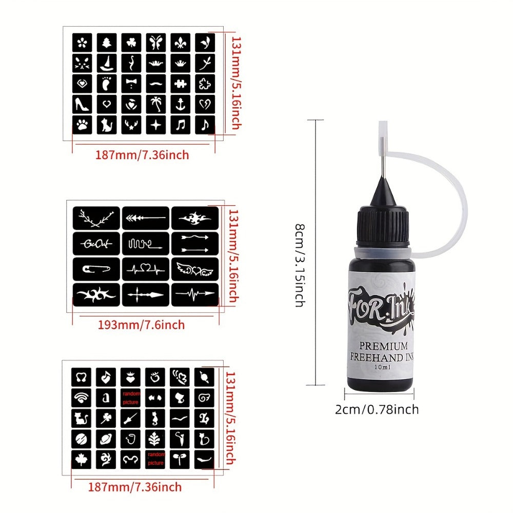 8 Bottles For. Ink Tattoo Ink Set, Mixed Color System, Hollow Template Stencils, Semi-Permanent Body Art, Waterproof, Long-Lasting, Creative Design for Parties, Holidays, Special Occasions