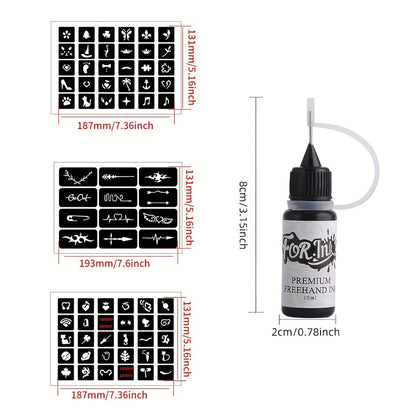 Tattoo Ink Set 8 Bottles — Semi-Permanent Waterproof Body Art Ink with Hollow Stencils, Mixed Colors, Long-Lasting Formula for Parties, Festivals & Special Occasions
