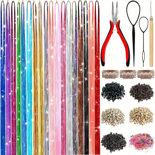 18 Colors Glitter Hair Tinsel Extensions Kit - 7700 Strands with Tools & Beads, 53 Inch Heat Resistant Sparkly Fairy Hair Additions for Women And Adults Over 18, Christmas Party Festival