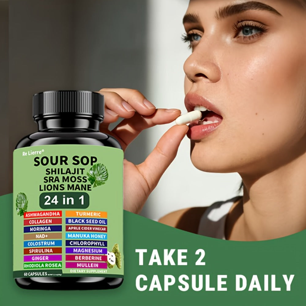 [24in1 Soursop Moss Capsules] Brakme 24in1 Soursop Shila Sea Moss Lions Mane Capsules - 1pc &2pcs, Men & Women Friendly, Supports Intestinal Health &Antioxidant