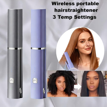 Cordless Hair Straightener & Curler 2-in-1 — Wireless Charging 2600mAh, Ceramic Negative Ion Portable Styling Tool for Travel, Heat-Resistant, Gift for Women — Grey & Purple
