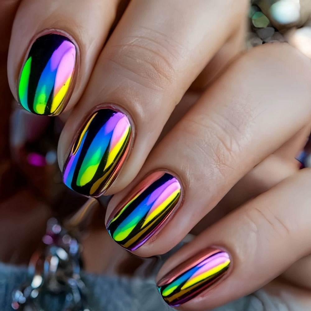 216pcs (9pcs) Solid Color Cool Almond Shaped Nail Pressure Purple, Pink, Silvery, and Golden Gradient Fake Nails, French Style Pointed Fake Nails, Daily and Holiday Nail Full Set Acrylic Nail Glue for And