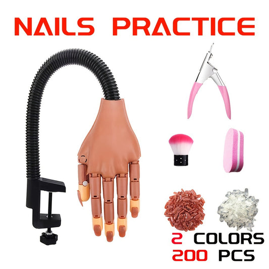 Premium Advanced Set, Practice Hand for Acrylic Nails, Flexible Nail Practice Hand Kit with 200pcs Replacement Nail Pads, Nail Clippers, Nail Brushing, Nail Files, Professional Manicure Training Tools for Beginners & Nail Salons