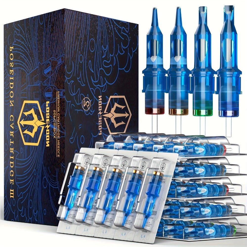 POSEIDON V3 Tattoo Cartridge Needles 50pcs Mixed Size Steriled Needles With Membrane Safety Cartridges-1203RL, 1205RL, 1207RL, 1209RL, 1207RM, 1209RM, 1205RS, 1207RS, 1209RS, 1207M1