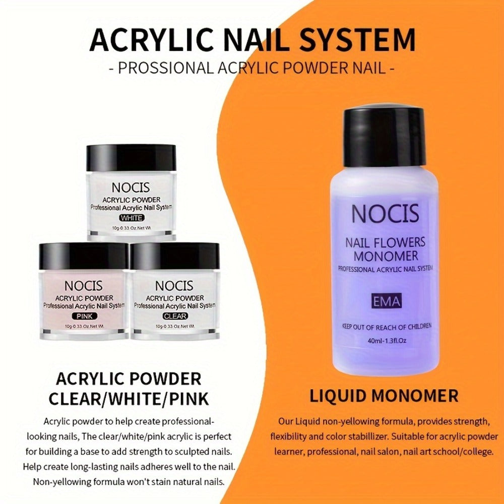 1 Set NOCIS Acrylic Nail Kit for Beginners - DIY Nail Extension, Includes 0. 33oz Clear, White, Pink Powder & Liquid, Nail Brushes, Unscented, Salon-Quality Home Manicure Tools