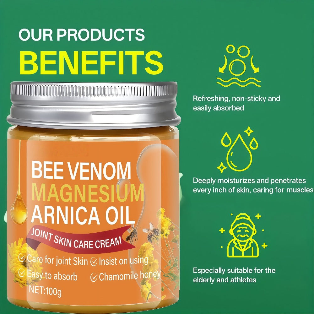 Bee Venom & Magnesium Massage Cream with Camellia Oil | Lightweight Moisturizing & Protective Formula, Body Care, Body-Nourishing Magnesium Cream for Back, Knees, And Elbows, Improves Light Beige Elasticity & Comfort