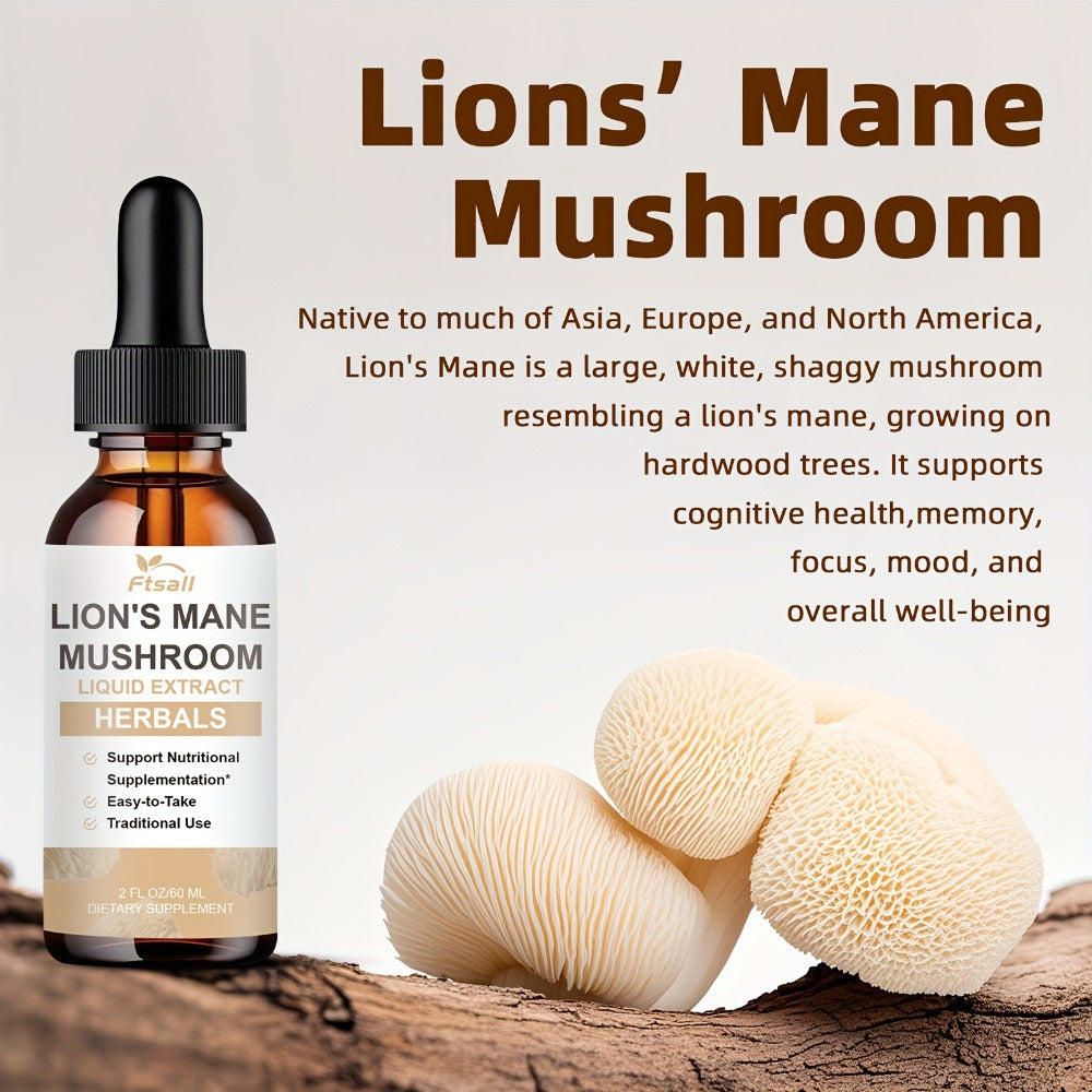 Ftsall 1/2/3 Packs Lions Mane Liquid Drops Supplement - 2FL OZ | Natural Herbal Brain Support for Focus, Memory | Lions Mane Mushroom for Women And Men