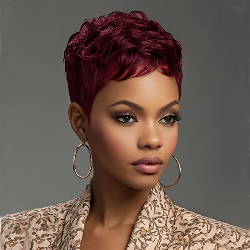 Short Pixie Cut Wig with Bangs Synthetic Body Wave Layered for Women Rose Net Cap Low Maintenance Casual Formal Daily Wear Multi Color