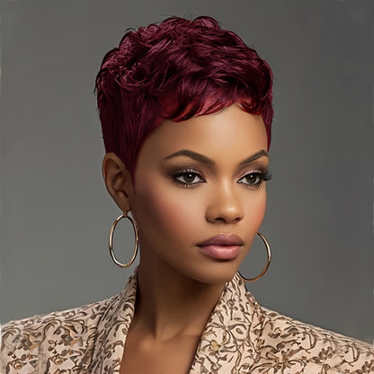Short Pixie Cut Wig with Bangs Synthetic Body Wave Layered for Women Rose Net Cap Low Maintenance Casual Formal Daily Wear Multi Color