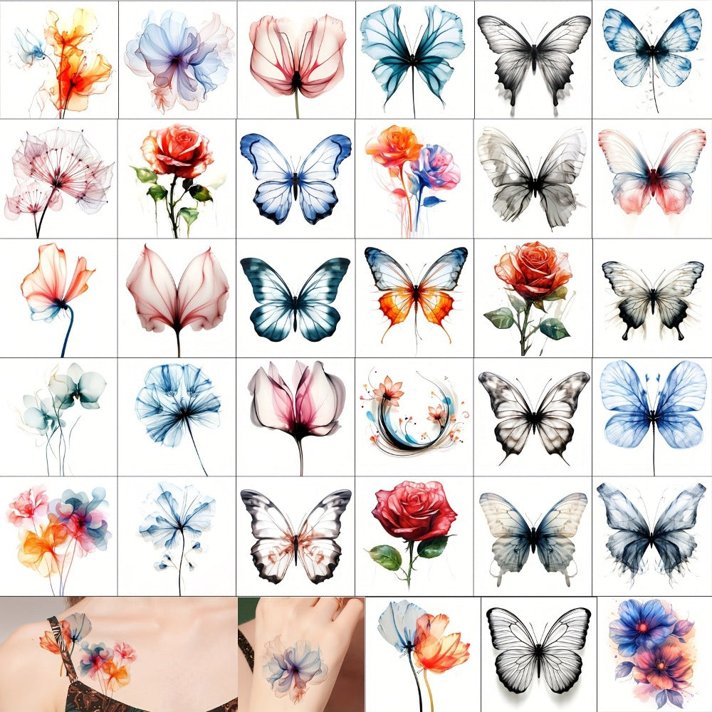 Flower Temporary Tattoos for Women 45 Sheets, 12 Large & 33 Small Realistic Watercolor Floral Fake Tattoo Stickers, Long Lasting Half Arm Body Tattoos Party Supplies Favors