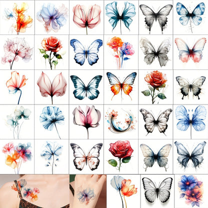 Flower Temporary Tattoos for Women 45 Sheets, 12 Large & 33 Small Realistic Watercolor Floral Fake Tattoo Stickers, Long Lasting Half Arm Body Tattoos Party Supplies Favors