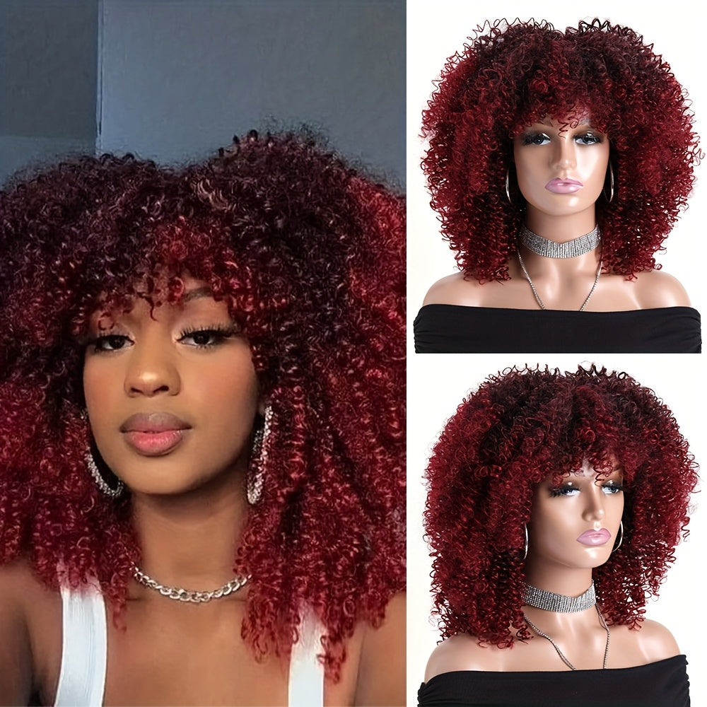16-inch Short Curly Afro Kinky Curly Red Wig, Women's Fashionable and Elegant Stretchable Net Synthetic Fiber Hair Replacement Wig for Women, Heat-Resistant Fiber Wig Suitable for Daily Wear, Cosplay, Parties, Music Festivals, Weddings, and Balls