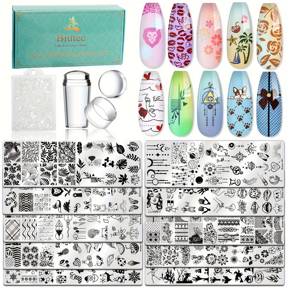 Biutee Nail Stamping Plate Set Of 14pcs, Including 10 Mini 1.57*4.72 inch Metal Plates, 1 Single-head Stamp, 2 Clear Stamp Heads, And 1 Pattern Scraper