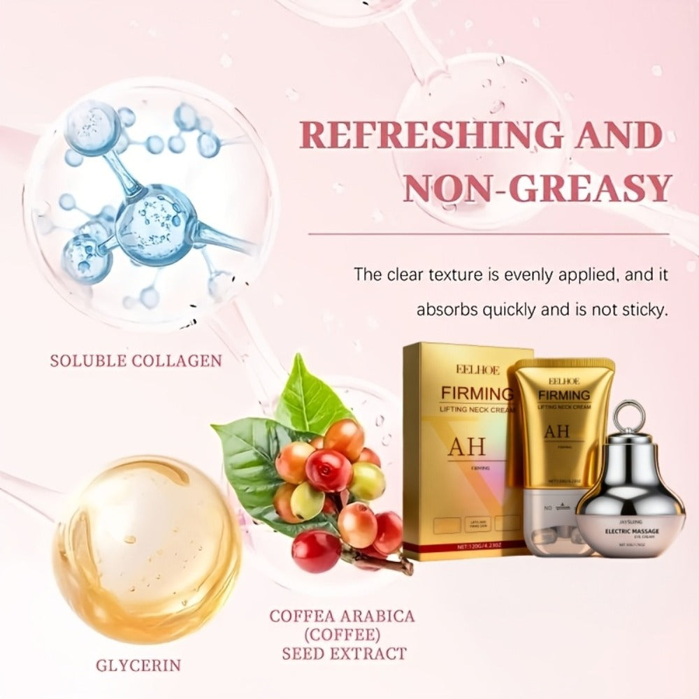 [Instant Tightens]Eye And Neck Firming Care Kits 2pcs, Containing Firming Eye Cream And Neck Care Roller Cream, Containing Small Fruit Coffee Seed Extract, Hyaluronic Acid, Perfect Gift, Gift, Fall Winter Skincare, Fast-Dry, Non-Sticky
