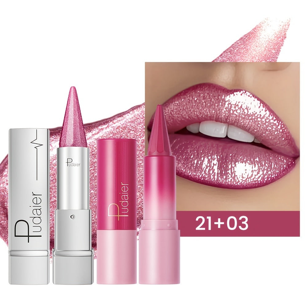 Metallic & Matte Lipstick Set 2pcs — Highly Pigmented Waterproof Pointed-Tip & Shimmer Lip Color Combo, Long-Lasting Beauty Gift for Women