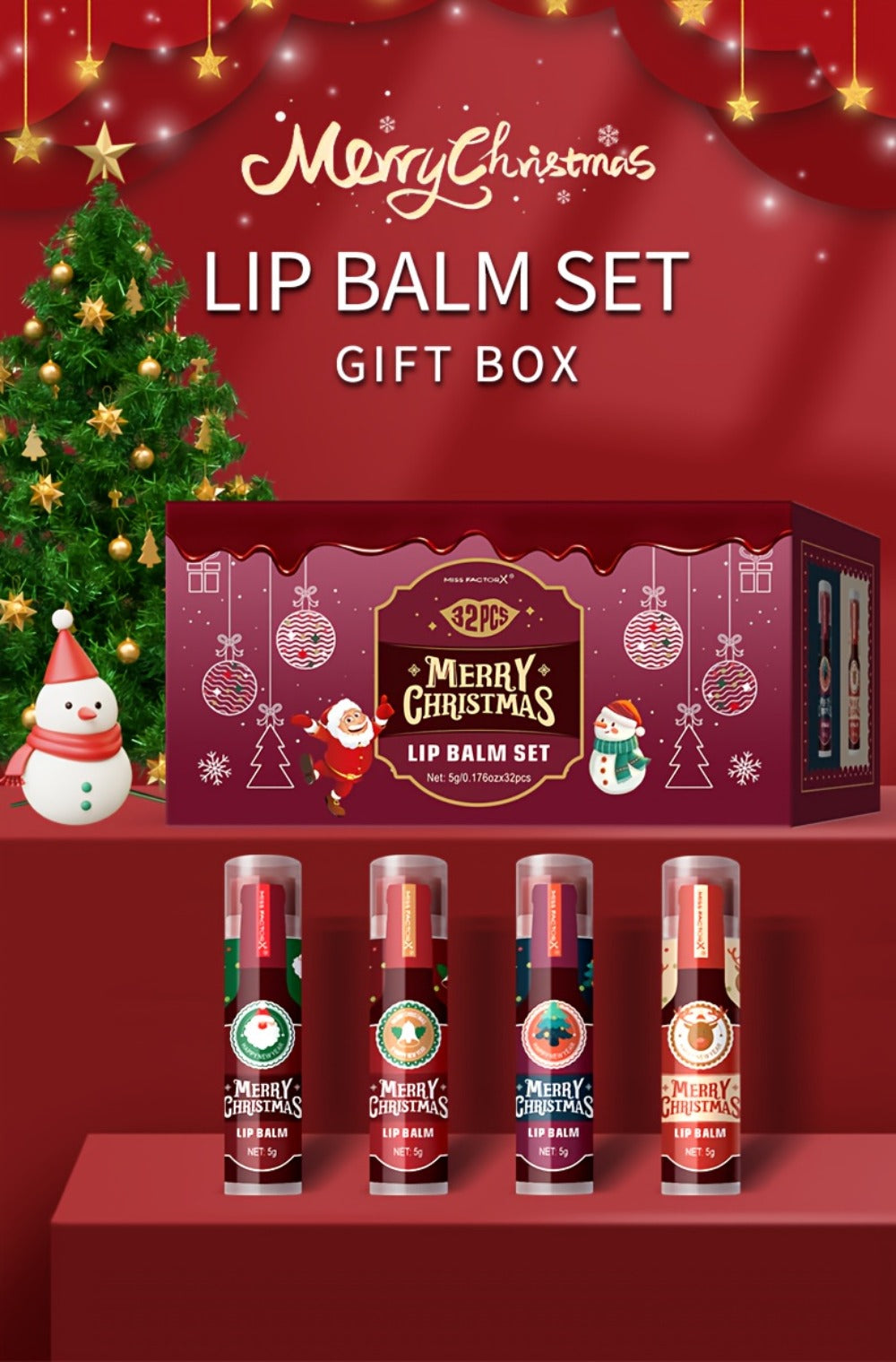 32pcs MISS FACTOR Christmas Lip Gloss & Balm Set - Long-Lasting Hydration, Holiday Gift Bo with Lipstick-like Tubes for Women & Men, Christmas Lip Balm, Fancy Lip Balms, Smudge Proof Lipstick, Christmas Lip Balm Set, Lipstick for Women Matte