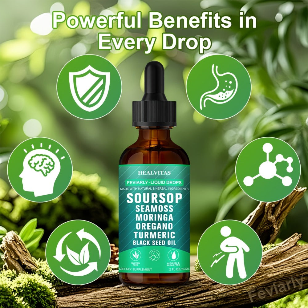Natural Soursop Bitters Liquid 10-In-1, Highly Absorbable with Natural Soursop Seaweed Moringa Turmeric Black Seed Oil Oregano South African Drunken Tomato, Herbal Extracts Supports Digestion & Intestinal Health, Easy to Take Liquid Supplement, 2 oz