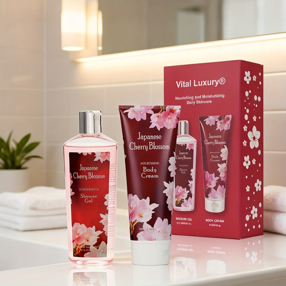 Body Care Gift Set - Cherry Blossom Fragrance 8 Oz 2pcs Body Wash And Body Cream Set, Light And Non-Sticky Long-Lasting Fragrance, The Perfect Valentine'S Day Gift, Mother'S Day Gifts, Gathering Gift Set, Large Capacity Suitable for All Skin Types